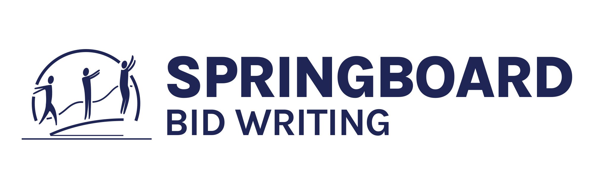 Springboard Bid Writing Services Logo - depicting individuals leaping off a springboard in the foreground, with a sun against the outline of a hilly landscape in the background.
